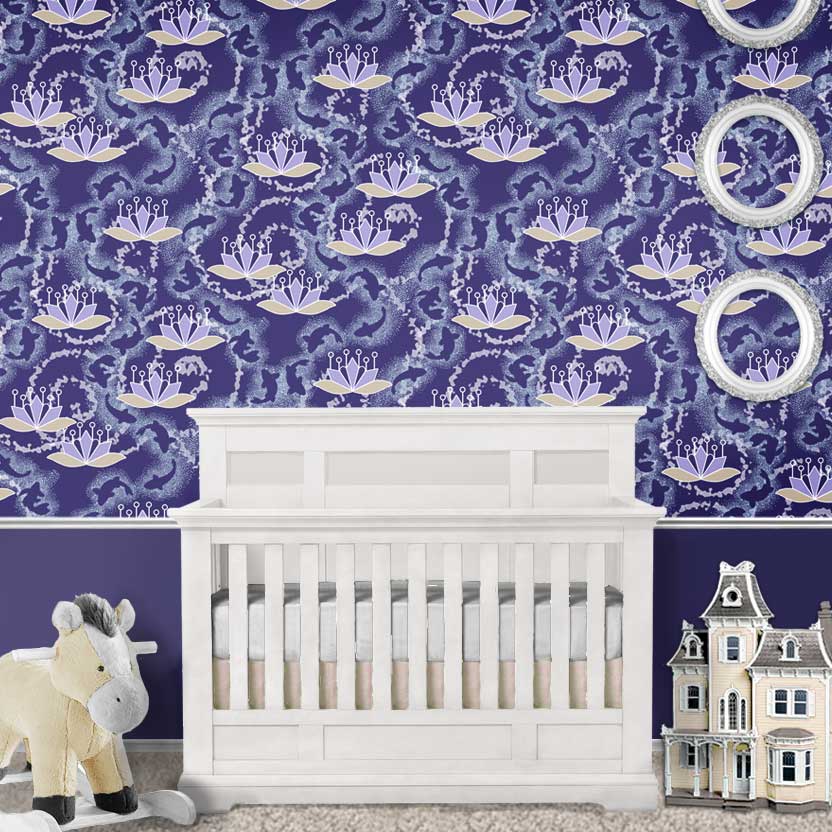 Nursery wallpaper with purple lotus and koi fish