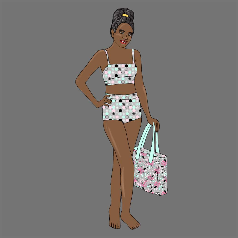 Pink and gray polka dot women's swimsuit fabric