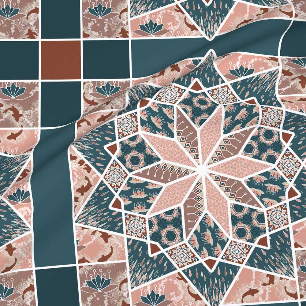 Star quilt with lotus blossoms in blue and peach