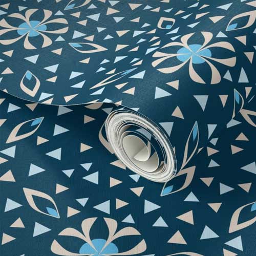 wallpaper roll in dark blue mosaic flowers