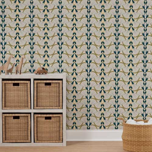 Wallpaper with art deco fans in yellow