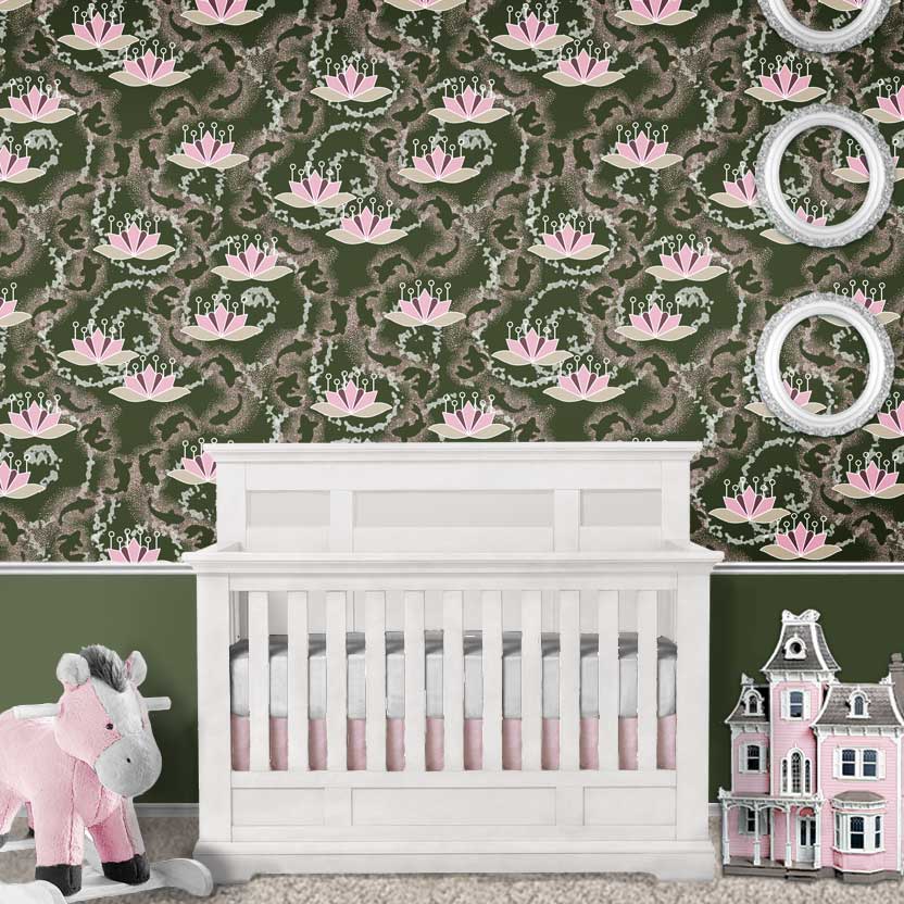 nursery wallpaper in olive and pink with lotus blossoms