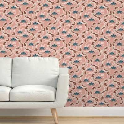 Fabric & Wallpaper: Lotus Blossom Koi Pond in Peach