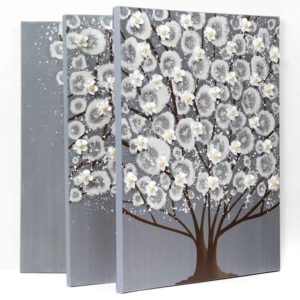 Inscribed Art on Canvas, Flowering Tree in Mid Tone Gray | Large – Extra Large