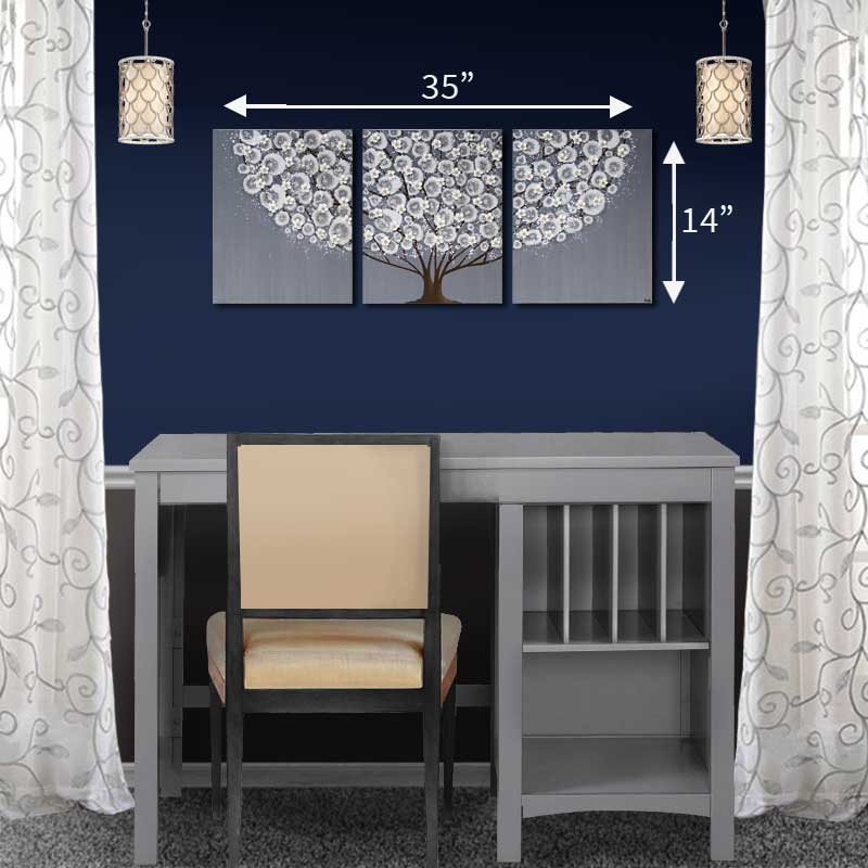 Medium size guide for mid tone gray tree painting above desk