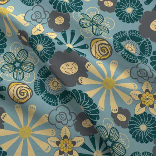 Flower print on fabric in yellow, blue, gray