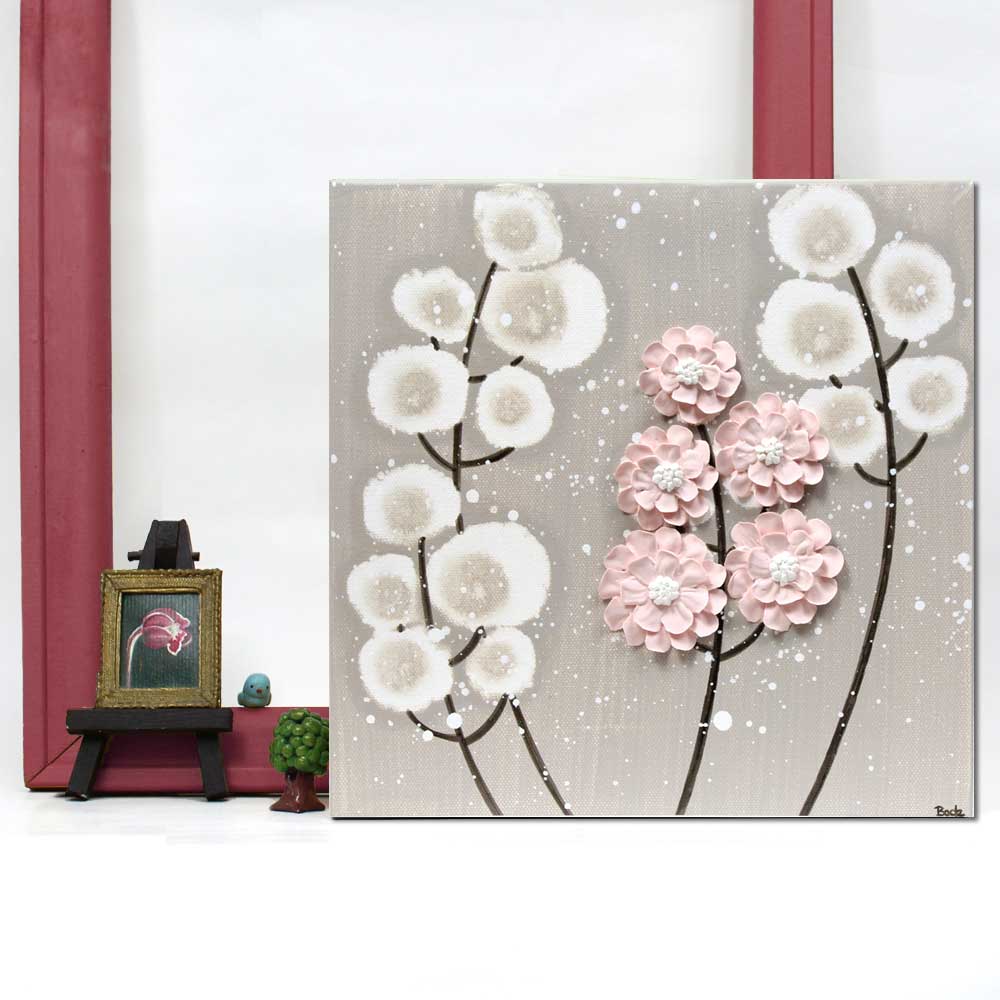 Setting view of nursery art warm gray and pink wildflower
