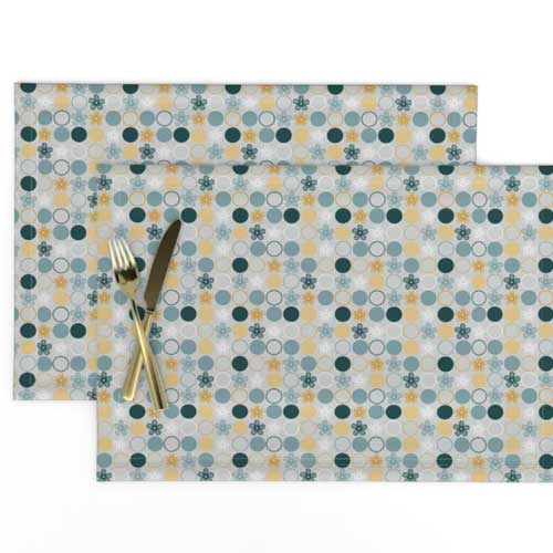 Placemats with teal and yellow polka dots on gray