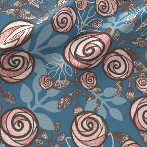 Roses and leaves fabric in blue, peach, brown