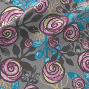 Fabric & Wallpaper: Floral Rose in Pink, Gray, Blue