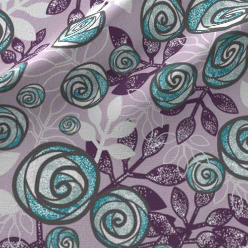 Roses and leaves fabric in purple, aqua, gray