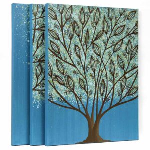 Inscribed Art on Canvas, Leafy Tree in Blue | Large – Extra Large