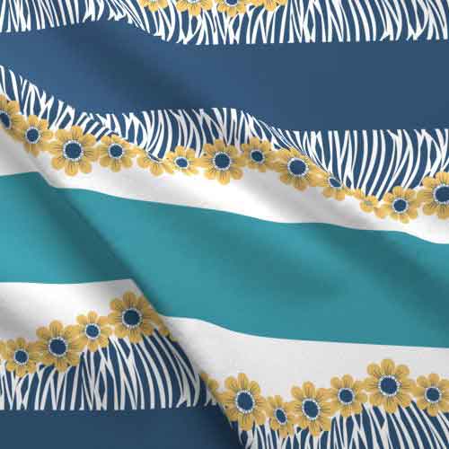 Fabric border prints of flower fringe in blue and teal