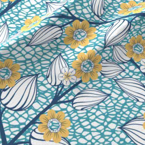 Flower and netting fabric in yellow,blue, and teal