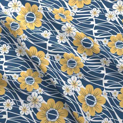 Hawaiian flower fabric in blue and yellow