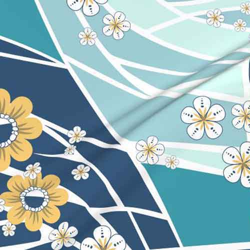 Wholecloth quilt fabric in blue, teal, yellow