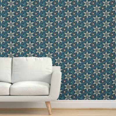 Wallpaper with blue and orange art deco star flowers