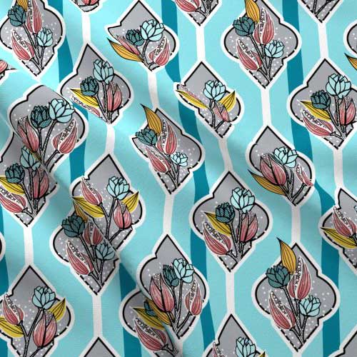 Flower bouquet fabric in aqua and pink