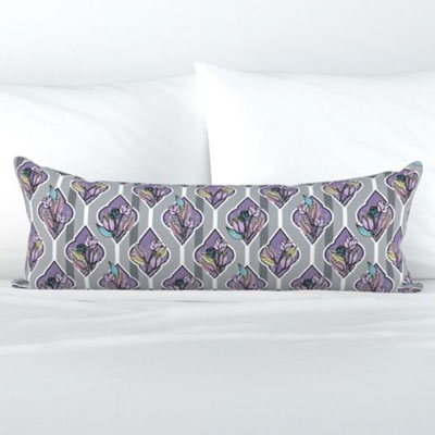 Bolster pillow with lilac and gray floral lattice