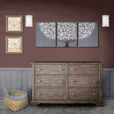 Gray tree painting on large triptych canvas