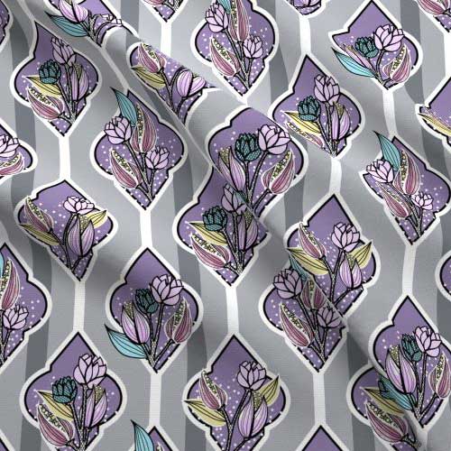 Fabric with floral bouquets in gray and lilac purple