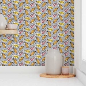 Fabric & Wallpaper: Leaf Prints in Gray, Yellow, Pink