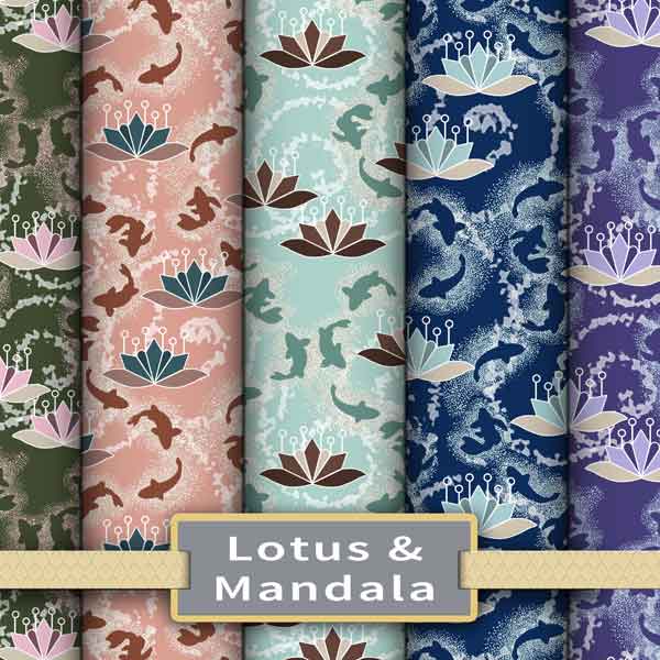 Lotus and mandala colorway of fabric bolts