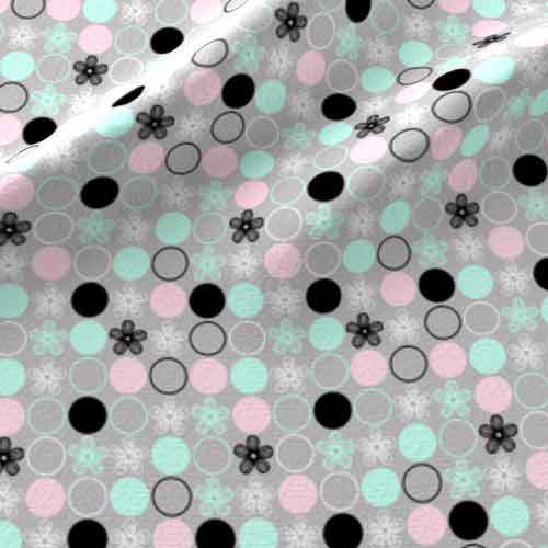 Flower and dot fabric in mint green, pink, black, gray