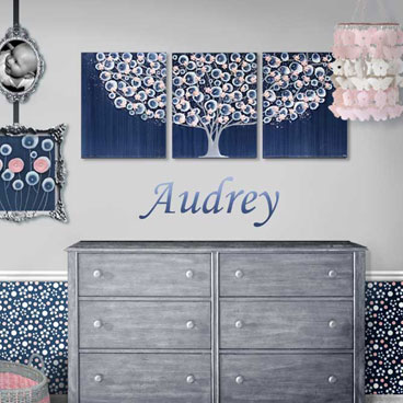 Dark blue tree painting triptych