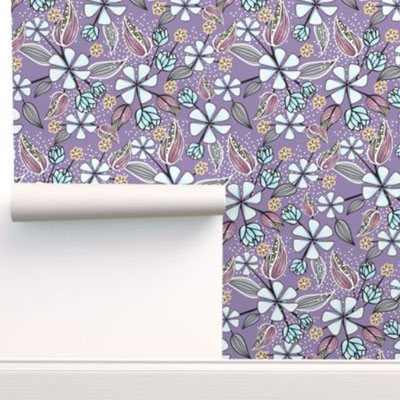 Wallpaper with lilac and gray flowers