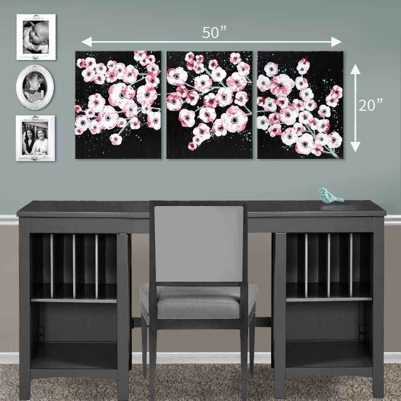 Setting view of office wall art red and black cherry blossoms