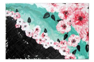 Office Wall Art, Cherry Blossom Painting in Teal, Black, Red | 36×24