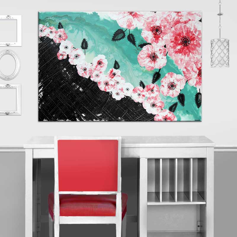 Setting view of painting of river through a cherry orchard in teal, black, and red hanging over desk