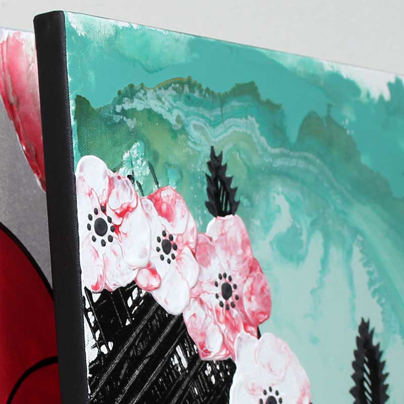 Side view of painting of river through a cherry orchard in teal, black, and red