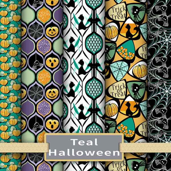 Teal and purple Halloween colorway of fabric bolts