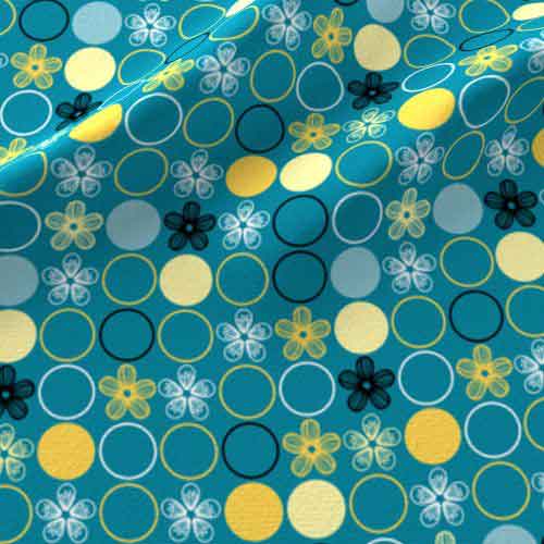 Flower and dot fabric in teal, yellow, and black