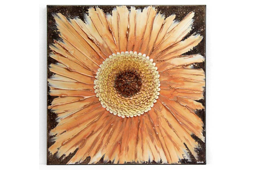 Wall art painting of zinnia flower in orange and copper