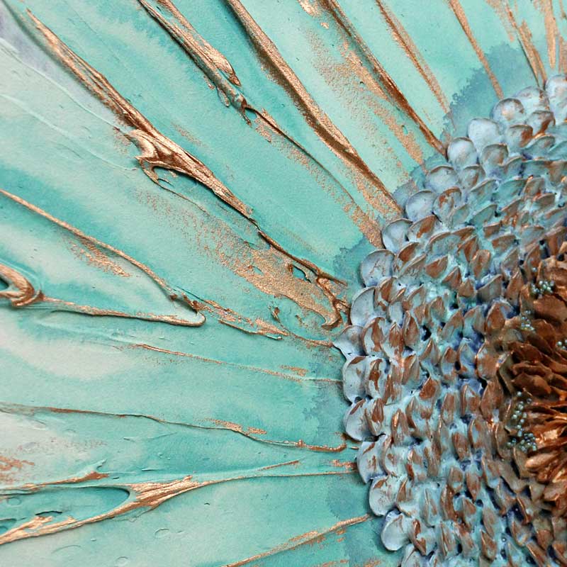 Close up of wall art painting of zinnia flower in teal and copper