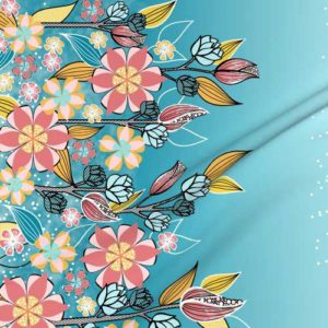 Fabric & Wallpaper: Large Flower Border in Aqua, Pink, Yellow