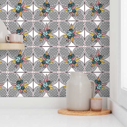 Faux tile wallpaper with flowers