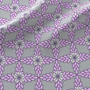 Fabric & Wallpaper: Diamond Lattice of Flowers in Gray, Lilac