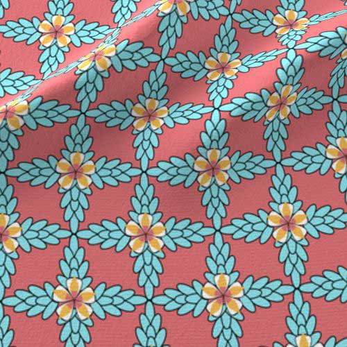 Pink and aqua diamond patterned floral fabric