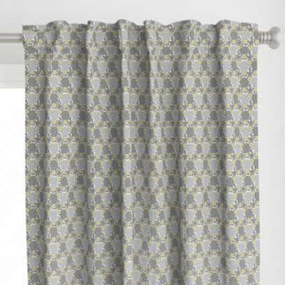 Curtains with rings of yellow and gray flowers