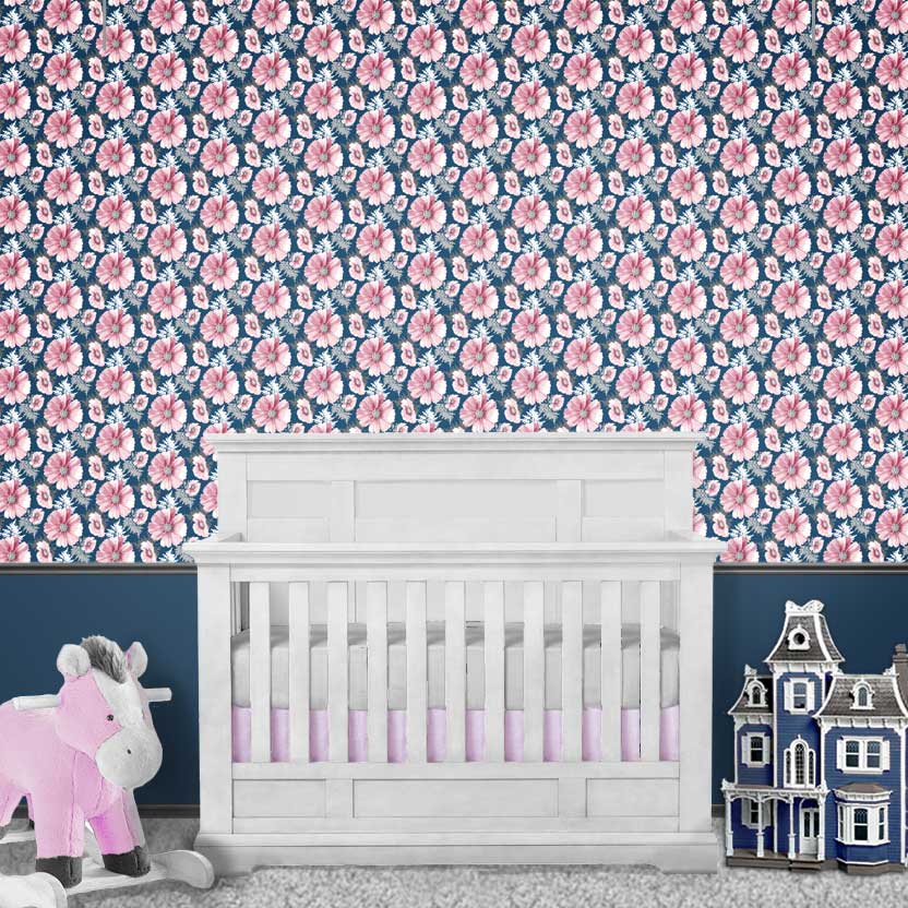 Pink Cosmos flower wallpaper as focal wall above crib