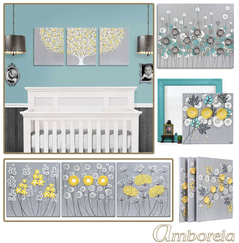 Collection of gray and yellow nursery art