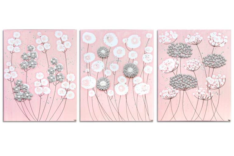 Set of 3 Nursery Paintings, Pink and Gray Flower Wall Art Large