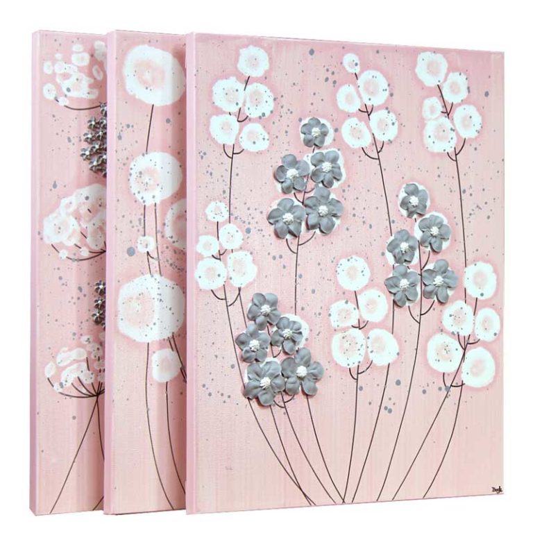 Set of 3 Nursery Paintings, Pink and Gray Flower Wall Art Large Amborela