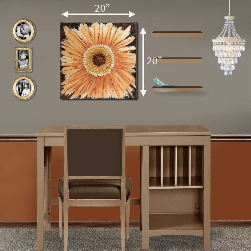 Size guide for wall art painting of zinnia flower in orange and copper