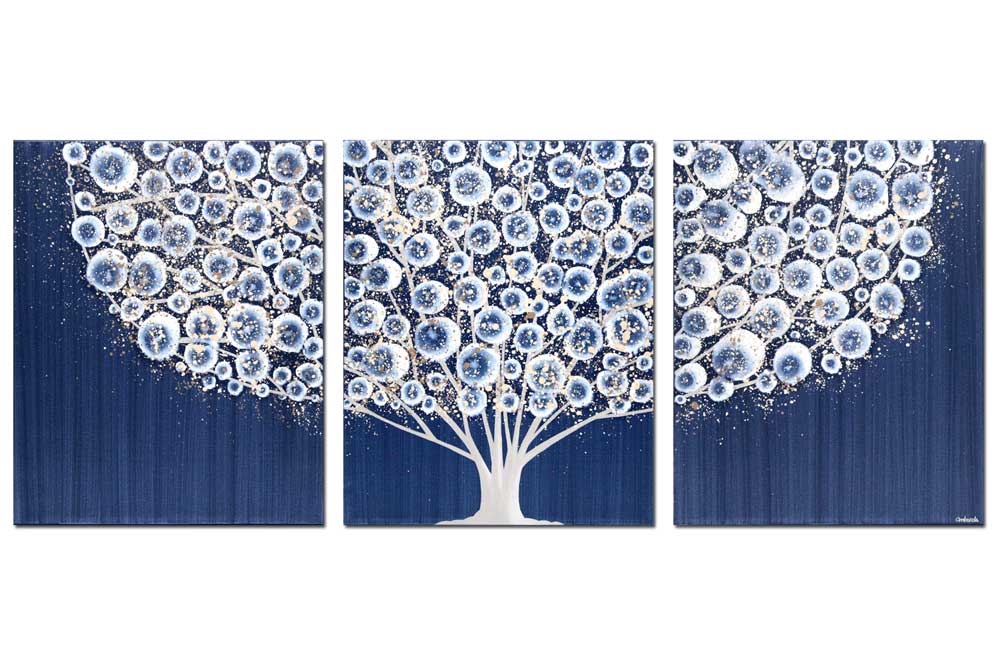 Wall art of tree in indigo blue and brown gray