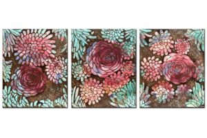 Wall Art Triptych Painting of Dahlias in Peach, Teal, Purple | Large – Extra Large